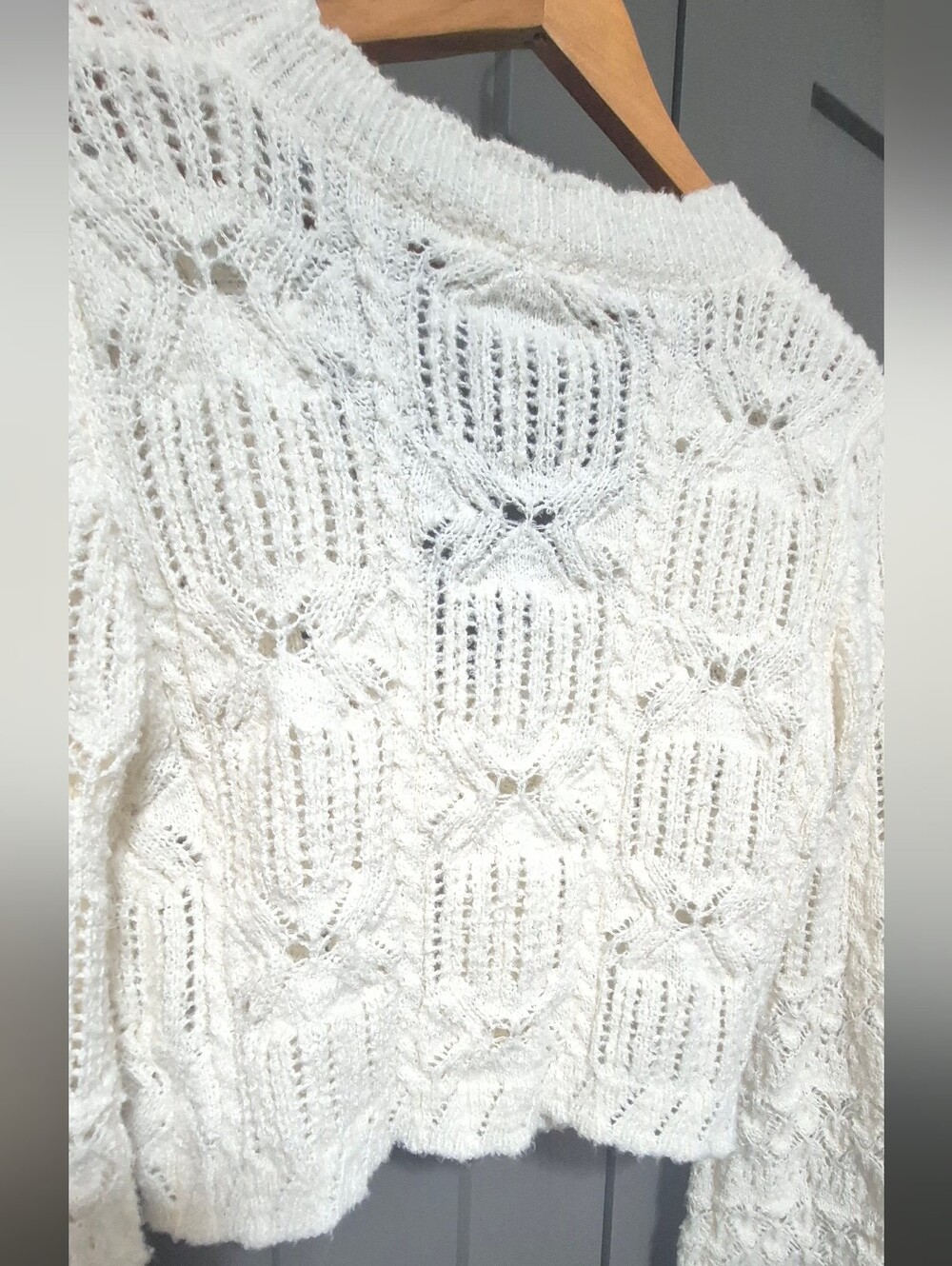 Altar'd State Ivory Tie Front Pointelle Cropped Cardigan Sweater M - Picture 4 of 8